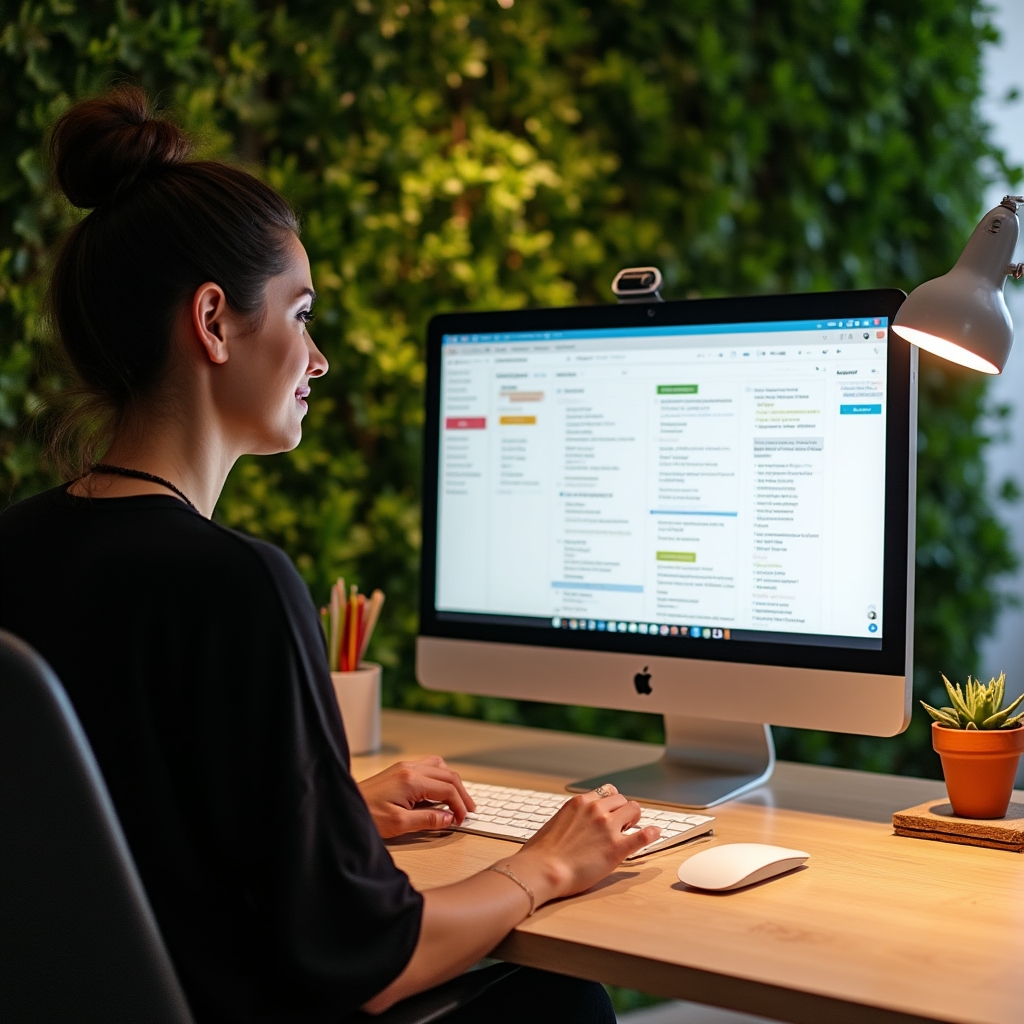 A clean, organized digital workspace with a monitor showing a structured note-taking application, minimal desk setup