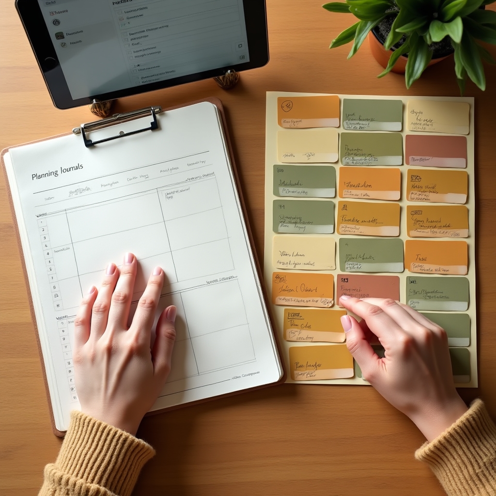A person building a structured note-taking system on a tablet, surrounded by color-coded index cards and a planning journal