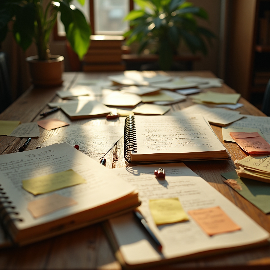 A cluttered desk with scattered notebooks, sticky notes, and open books representing disorganized knowledge
