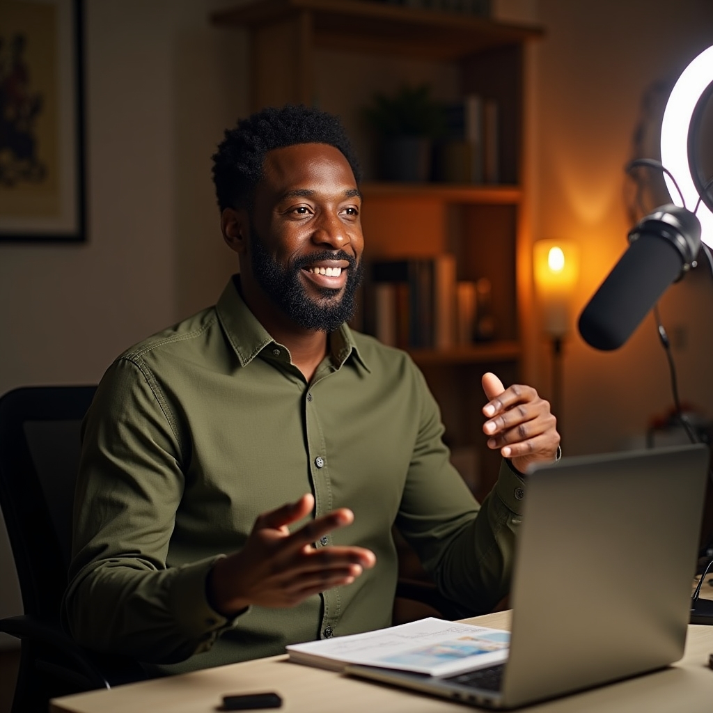 A presenter at a minimal desk with a professional microphone and ring light, ready for a live online knowledge management webinar